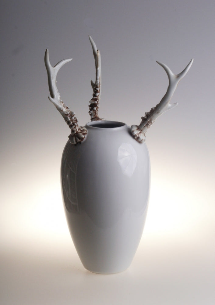 Retro Style Porcelain Flower Vase with Deer Horns l 12” height