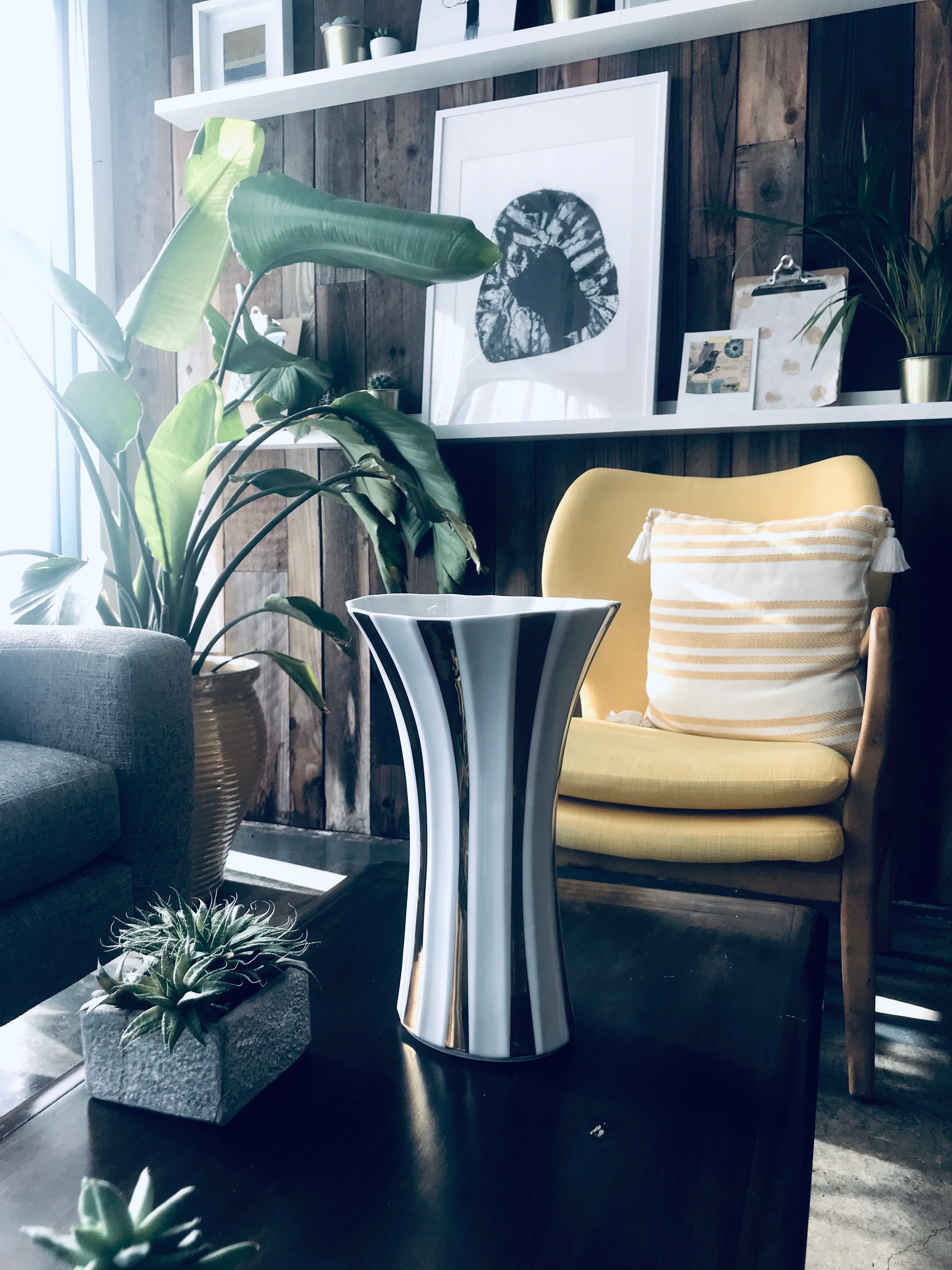 Gold Stripe Retro Style Porcelain Flower Vase l 12” height